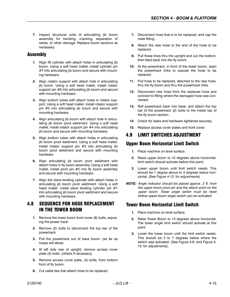 Assembly, 8 sequence for hose replacement in the tower boom, 9 limit switches adjustment | Upper boom horizontal limit switch, Tower boom horizontal limit switch, Assembly -15, Limit switches adjustment -15 | JLG 800A_AJ ANSI Service Manual User Manual | Page 229 / 464