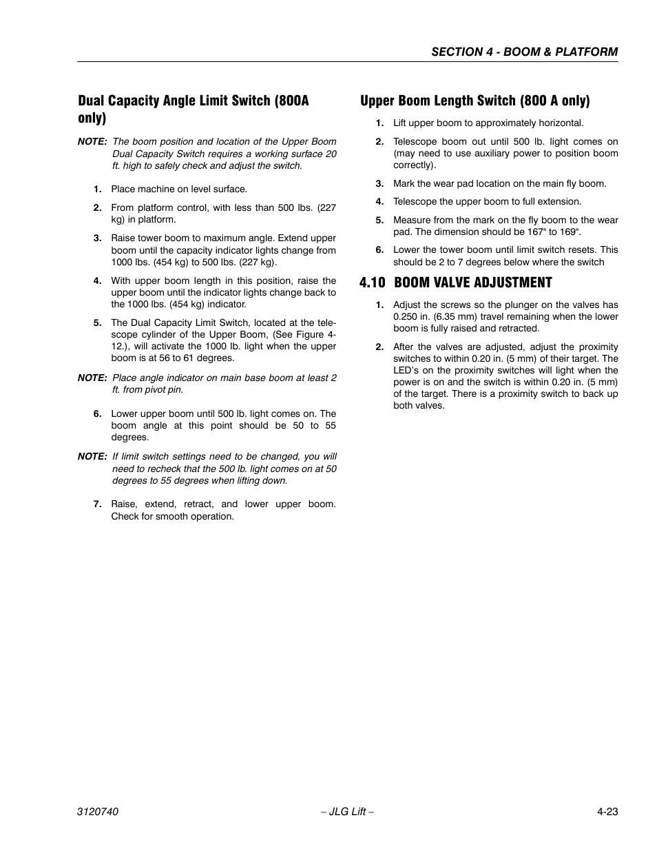 Dual capacity angle limit switch (800a only), Upper boom length switch (800 a only), 10 boom valve adjustment | Boom valve adjustment -23 | JLG 800A_AJ ANSI Service Manual User Manual | Page 237 / 464