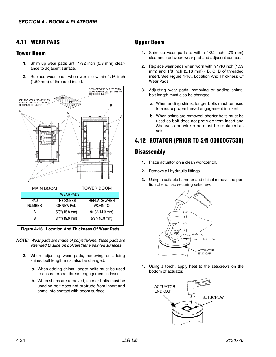 11 wear pads, Tower boom, Upper boom | 12 rotator (prior to s/n 0300067538), Disassembly, Wear pads -24, Tower boom -24 upper boom -24, Rotator (prior to s/n 0300067538) -24, Disassembly -24, Location and thickness of wear pads -24 | JLG 800A_AJ ANSI Service Manual User Manual | Page 238 / 464