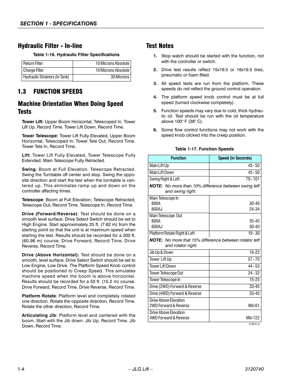 Hydraulic filter - in-line, 3 function speeds, Machine orientation when doing speed tests | Test notes, Hydraulic filter - in-line -4, Function speeds -4, Hydraulic filter specifications -4 | JLG 800A_AJ ANSI Service Manual User Manual | Page 24 / 464