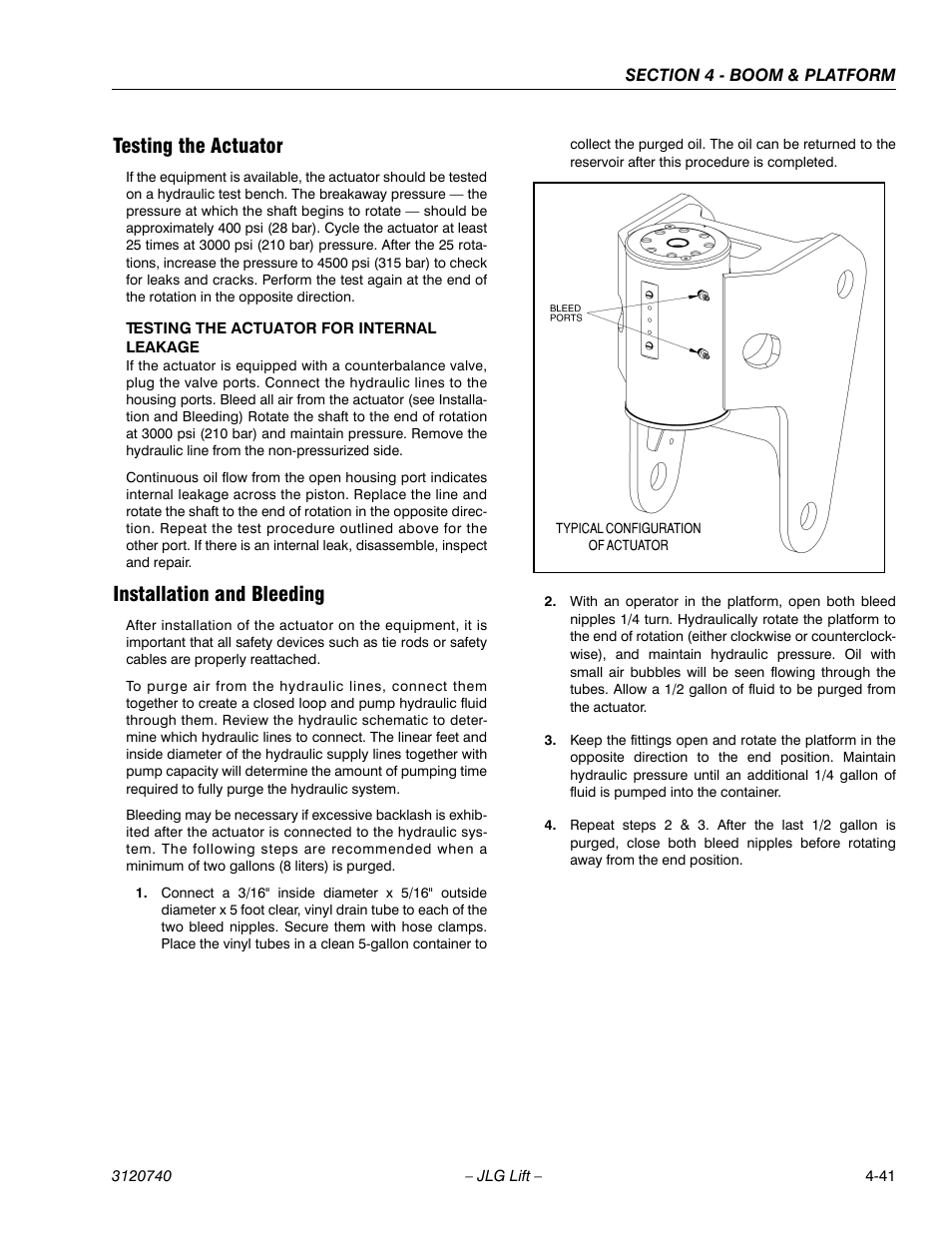 Testing the actuator, Installation and bleeding | JLG 800A_AJ ANSI Service Manual User Manual | Page 255 / 464