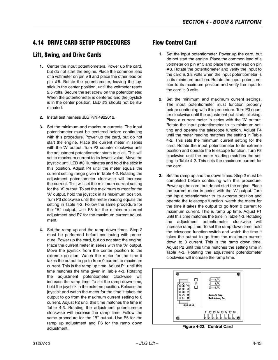 14 drive card setup procedures, Lift, swing, and drive cards, Flow control card | Drive card setup procedures -43, Control card -43 | JLG 800A_AJ ANSI Service Manual User Manual | Page 257 / 464