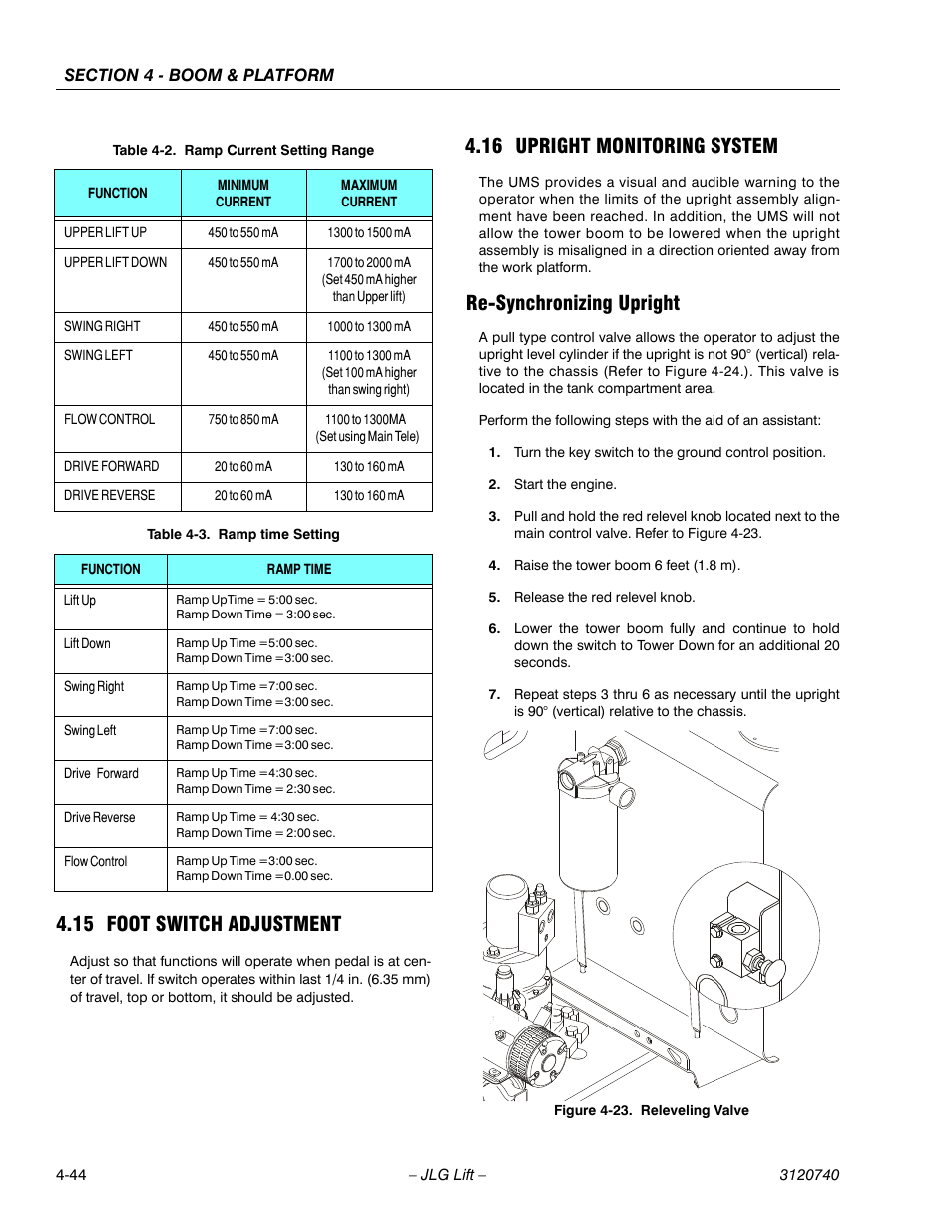 15 foot switch adjustment, 16 upright monitoring system, Re-synchronizing upright | Foot switch adjustment -44, Upright monitoring system -44, Re-synchronizing upright -44, Releveling valve -44, Ramp current setting range -44, Ramp time setting -44, Ven in table 4-2. rot | JLG 800A_AJ ANSI Service Manual User Manual | Page 258 / 464