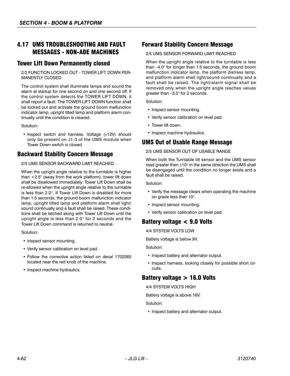 Tower lift down permanently closed, Backward stability concern message, Forward stability concern message | Ums out of usable range message, Battery voltage < 9.0 volts, Battery voltage > 16.0 volts | JLG 800A_AJ ANSI Service Manual User Manual | Page 276 / 464