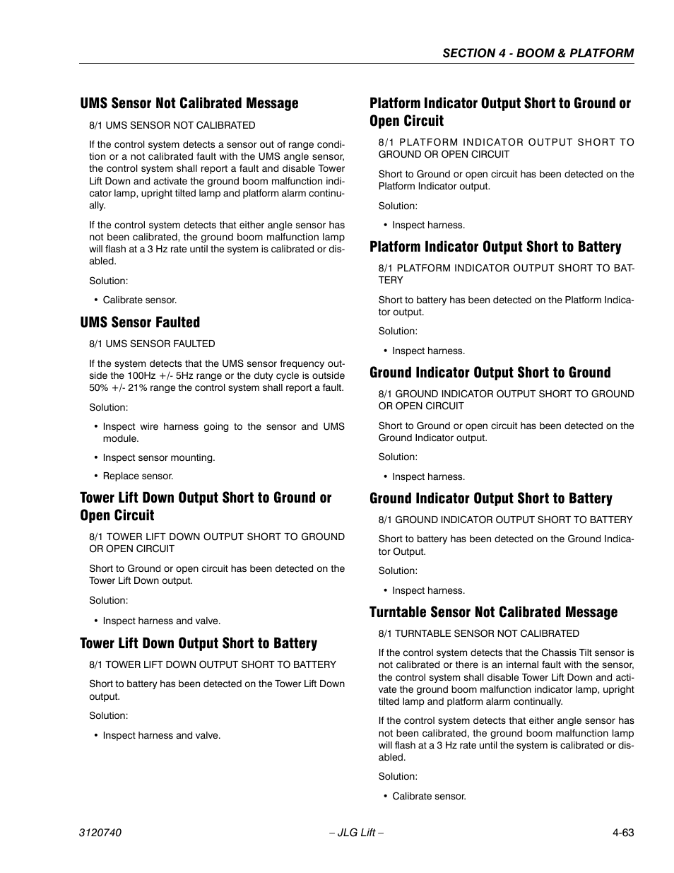 Ums sensor not calibrated message, Ums sensor faulted, Tower lift down output short to battery | Platform indicator output short to battery, Ground indicator output short to ground, Ground indicator output short to battery, Turntable sensor not calibrated message | JLG 800A_AJ ANSI Service Manual User Manual | Page 277 / 464