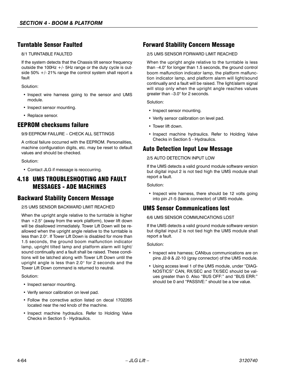 Turntable sensor faulted, Eeprom checksums failure, Backward stability concern message | Forward stability concern message, Auto detection input low message, Ums sensor communications lost | JLG 800A_AJ ANSI Service Manual User Manual | Page 278 / 464