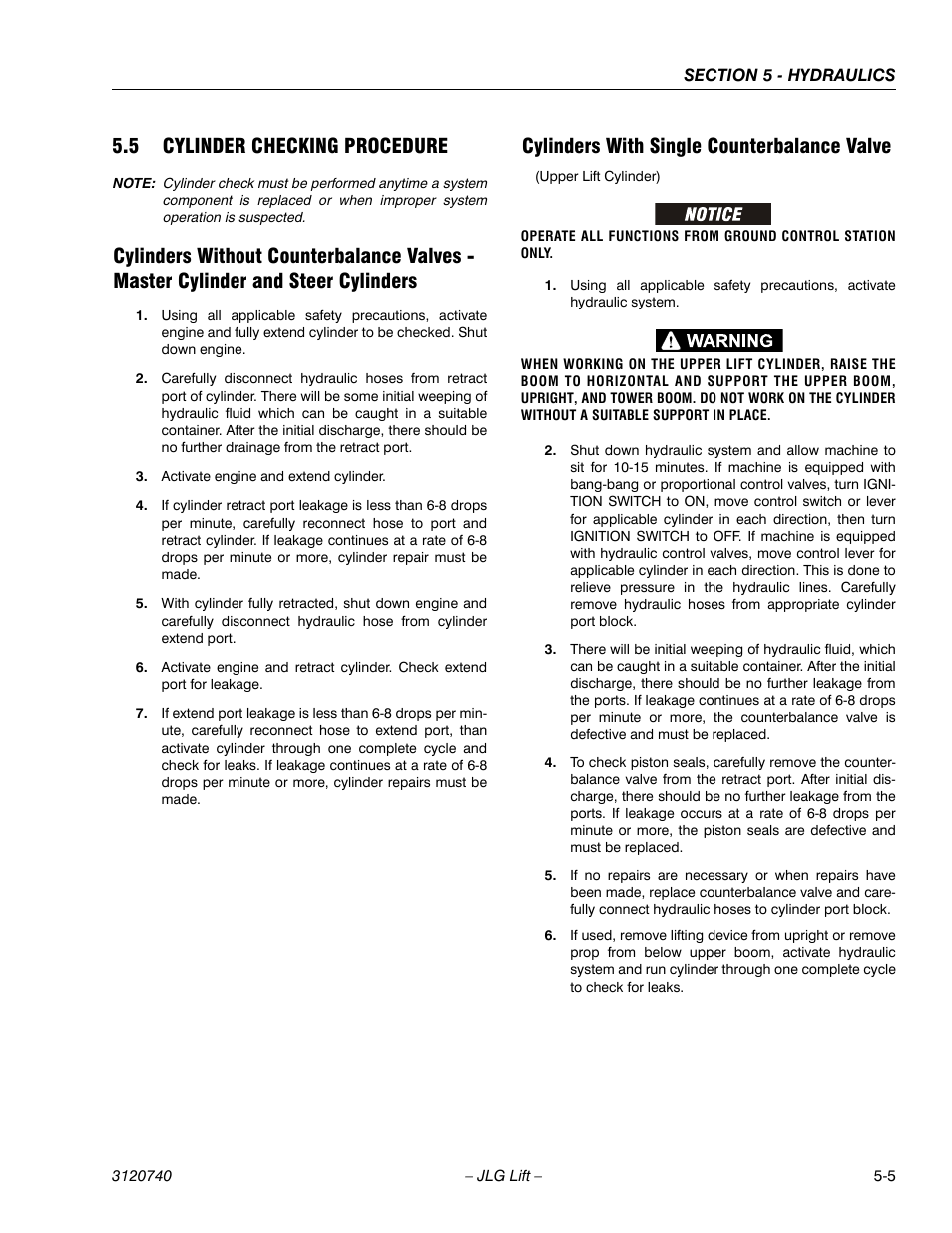 5 cylinder checking procedure, Cylinders with single counterbalance valve, Cylinder checking procedure -5 | JLG 800A_AJ ANSI Service Manual User Manual | Page 285 / 464