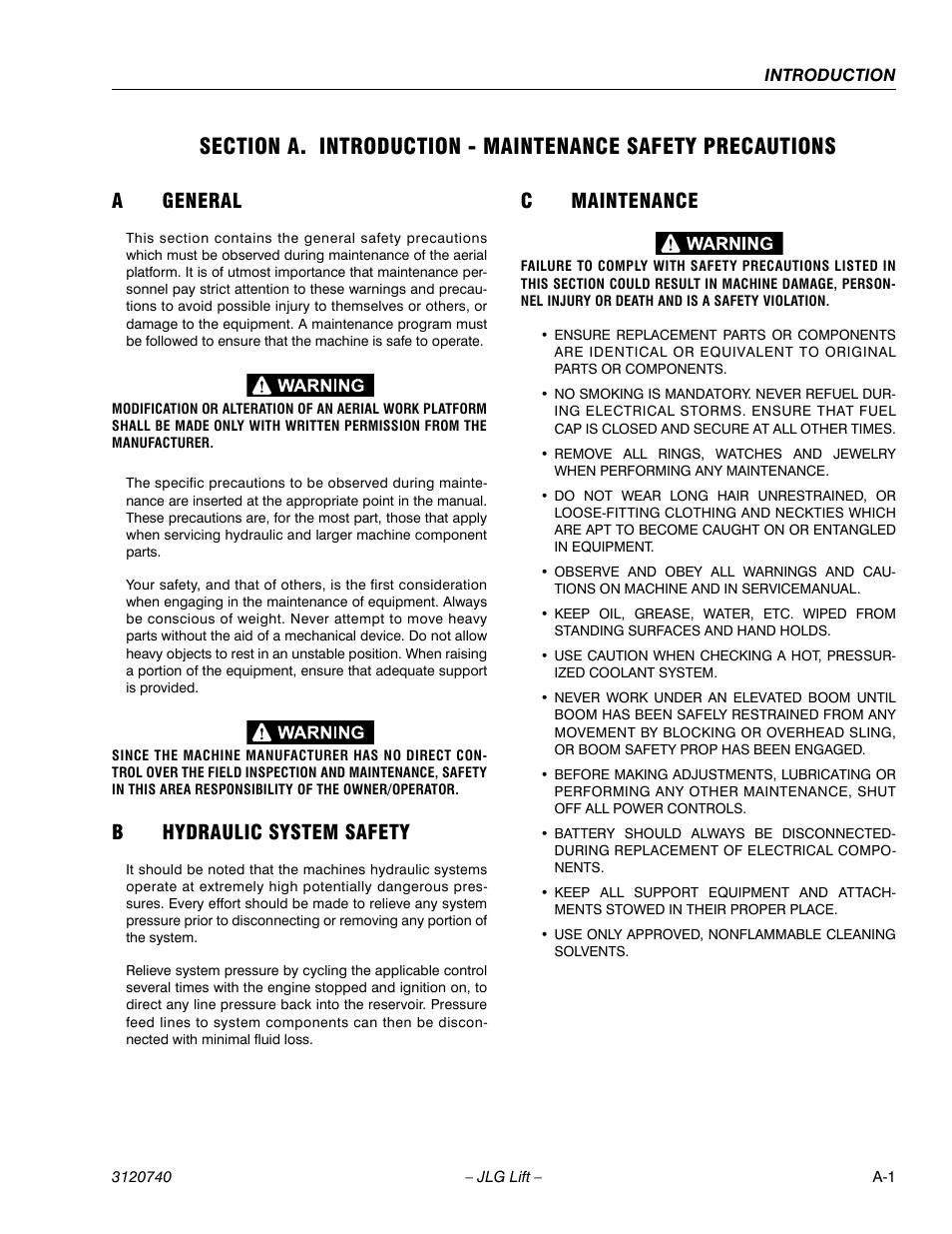 A general, B hydraulic system safety, C maintenance | Ageneral, Bhydraulic system safety, Cmaintenance | JLG 800A_AJ ANSI Service Manual User Manual | Page 3 / 464