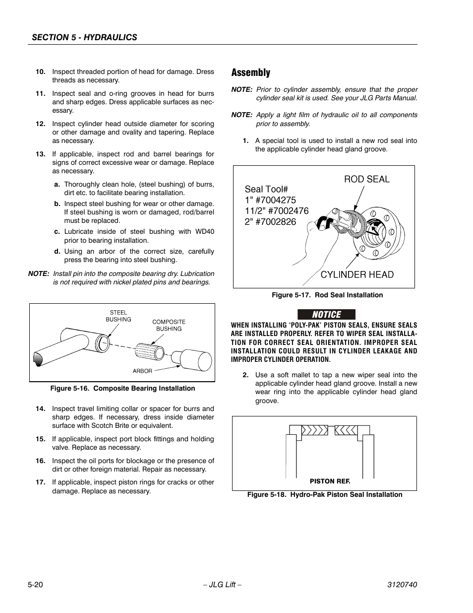 Assembly, Assembly -20, Composite bearing installation -20 | Rod seal installation -20, Hydro-pak piston seal installation -20 | JLG 800A_AJ ANSI Service Manual User Manual | Page 300 / 464