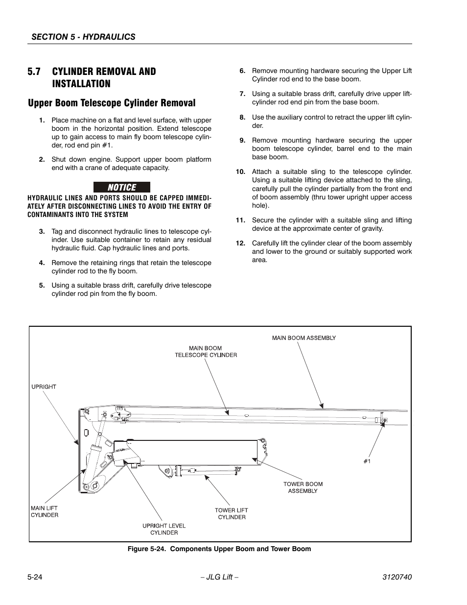 7 cylinder removal and installation, Upper boom telescope cylinder removal, Cylinder removal and installation -24 | Upper boom telescope cylinder removal -24, Components upper boom and tower boom -24 | JLG 800A_AJ ANSI Service Manual User Manual | Page 304 / 464