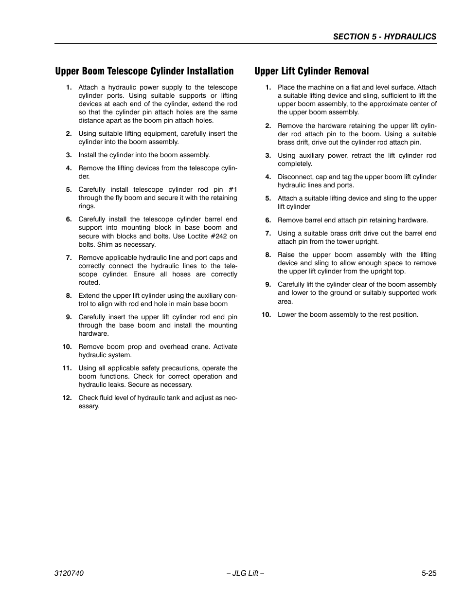 Upper boom telescope cylinder installation, Upper lift cylinder removal | JLG 800A_AJ ANSI Service Manual User Manual | Page 305 / 464