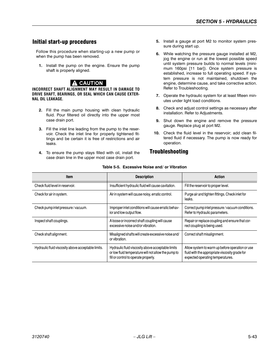 Initial start-up procedures, Troubleshooting, Excessive noise and/ or vibration -43 | JLG 800A_AJ ANSI Service Manual User Manual | Page 323 / 464