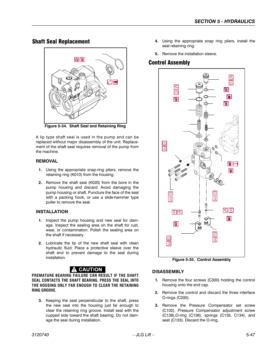 Shaft seal replacement, Control assembly, Shaft seal replacement -47 control assembly -47 | Shaft seal and retaining ring -47, Control assembly -47 | JLG 800A_AJ ANSI Service Manual User Manual | Page 327 / 464