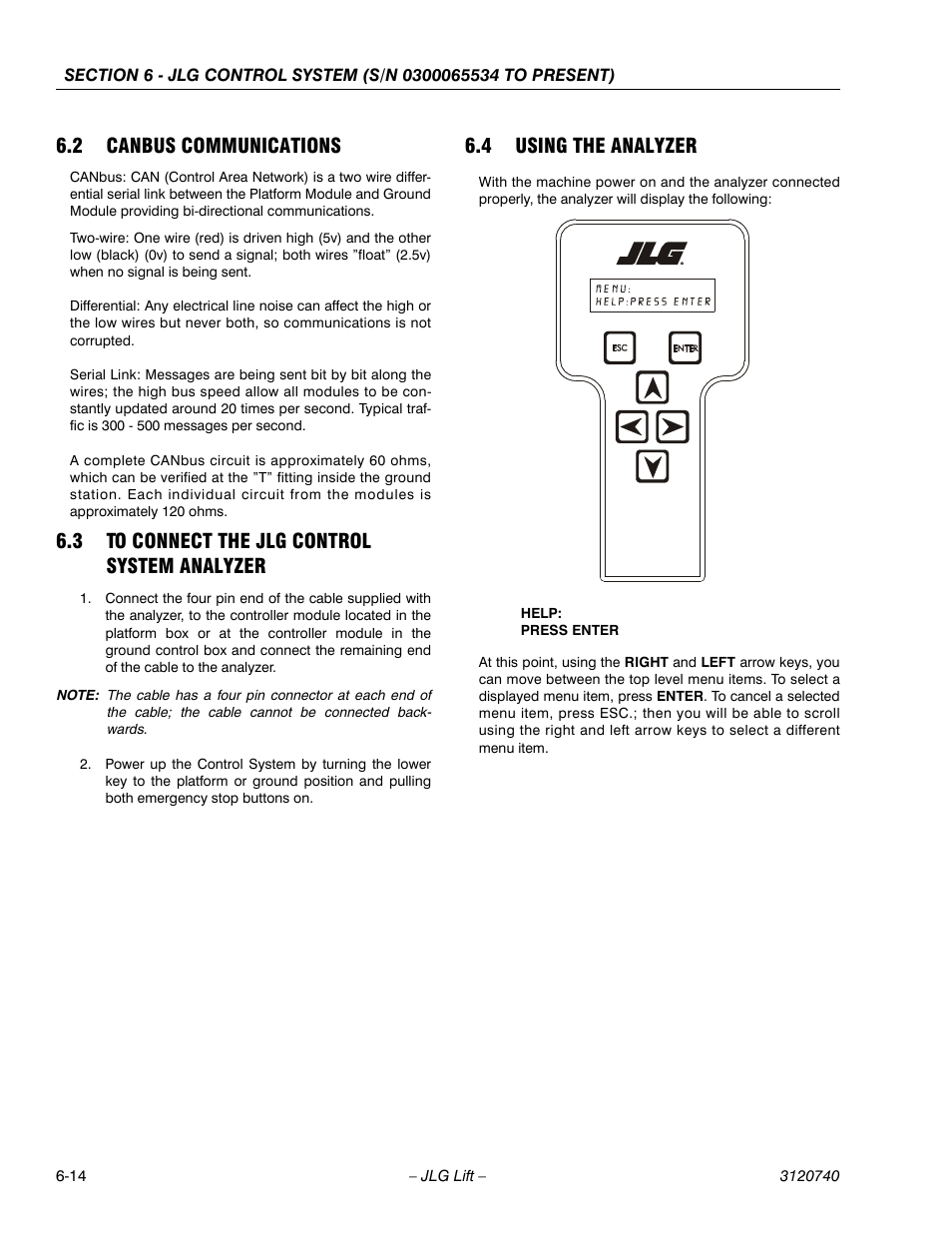 2 canbus communications, 3 to connect the jlg control system analyzer, 4 using the analyzer | Canbus communications -14, To connect the jlg control system analyzer -14, Using the analyzer -14 | JLG 800A_AJ ANSI Service Manual User Manual | Page 344 / 464