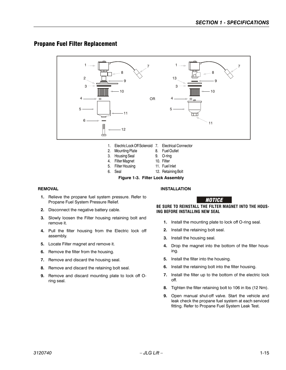 Propane fuel filter replacement, Propane fuel filter replacement -15, Filter lock assembly -15 | JLG 800A_AJ ANSI Service Manual User Manual | Page 35 / 464