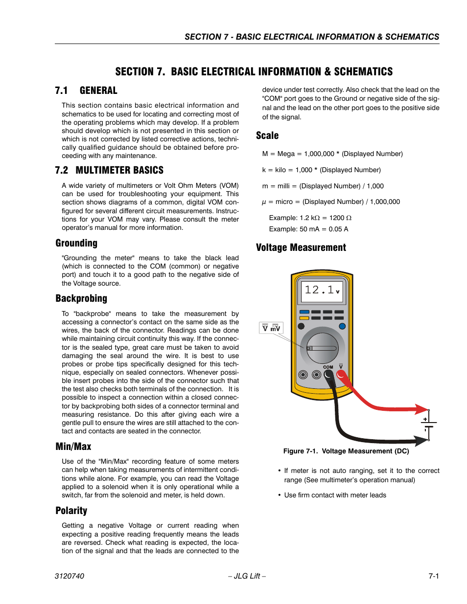 1 general, 2 multimeter basics, Grounding | Backprobing, Min/max, Polarity, Scale, Voltage measurement, General -1, Multimeter basics -1 | JLG 800A_AJ ANSI Service Manual User Manual | Page 399 / 464