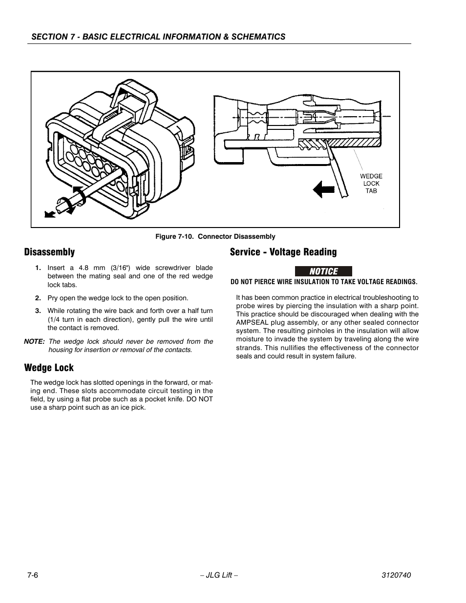 Disassembly, Wedge lock, Service - voltage reading | Connector disassembly -6 | JLG 800A_AJ ANSI Service Manual User Manual | Page 404 / 464