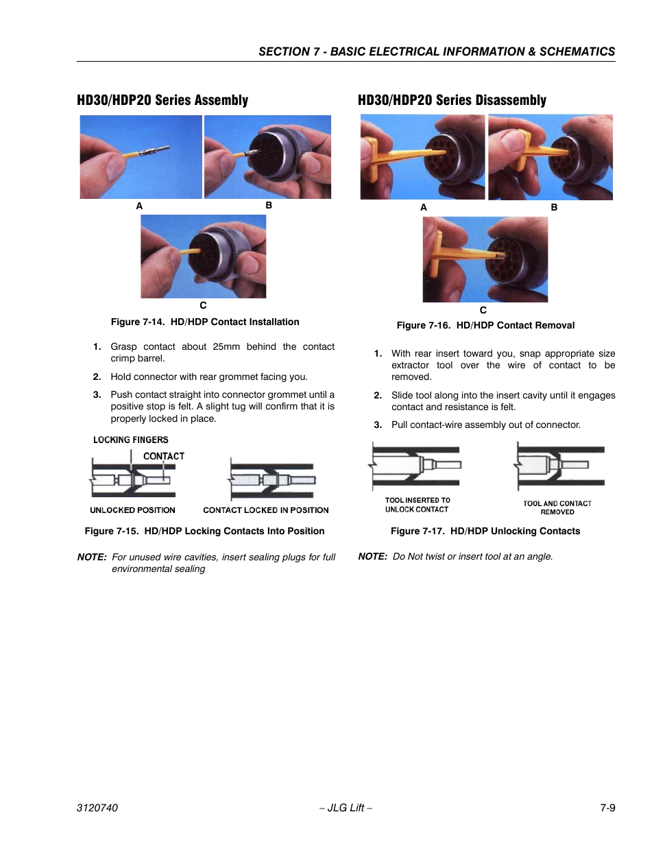 Hd30/hdp20 series assembly, Hd30/hdp20 series disassembly, Hd/hdp contact installation -9 | Hd/hdp locking contacts into position -9, Hd/hdp contact removal -9, Hd/hdp unlocking contacts -9 | JLG 800A_AJ ANSI Service Manual User Manual | Page 407 / 464