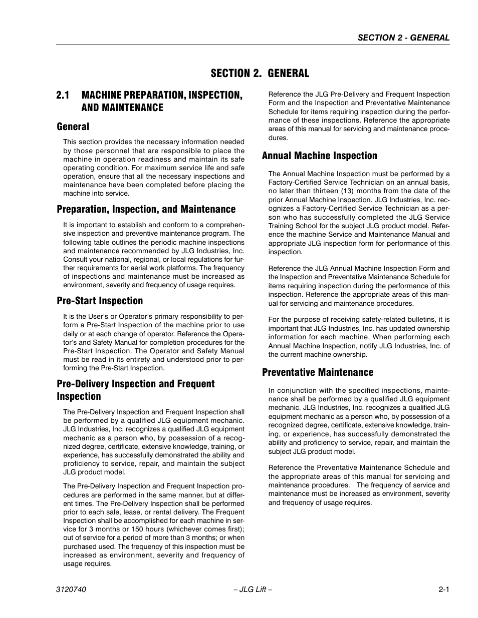 Section 2. general, 1 machine preparation, inspection, and maintenance, General | Preparation, inspection, and maintenance, Pre-start inspection, Pre-delivery inspection and frequent inspection, Annual machine inspection, Preventative maintenance, Section 2 - general | JLG 800A_AJ ANSI Service Manual User Manual | Page 45 / 464