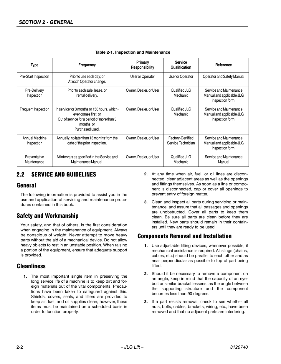 2 service and guidelines, General, Safety and workmanship | Cleanliness, Components removal and installation, Service and guidelines -2, Inspection and maintenance -2, 2 service and guidelines general | JLG 800A_AJ ANSI Service Manual User Manual | Page 46 / 464