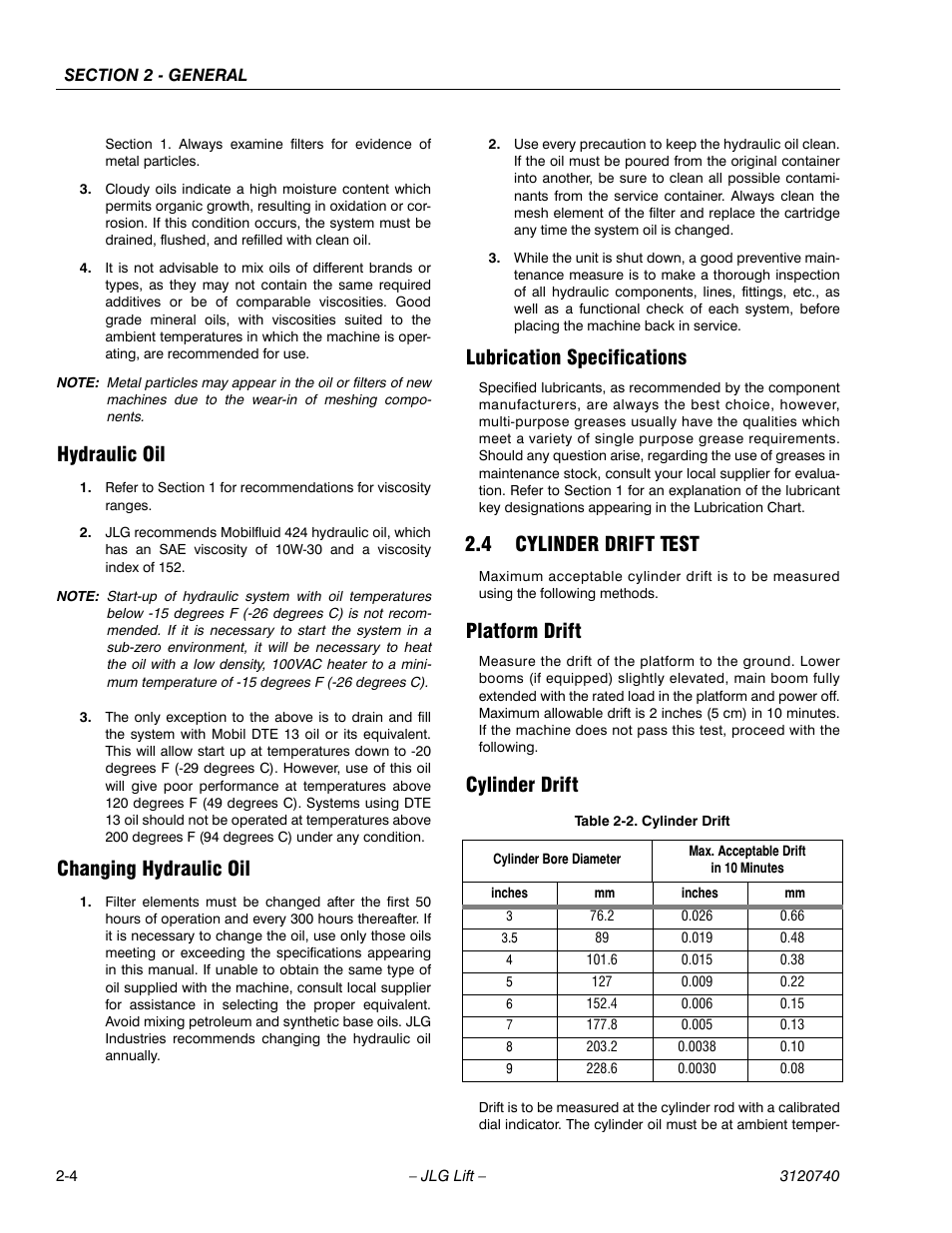 Hydraulic oil, Changing hydraulic oil, Lubrication specifications | 4 cylinder drift test, Platform drift, Cylinder drift, Cylinder drift test -4, Platform drift -4 cylinder drift -4, Cylinder drift -4 | JLG 800A_AJ ANSI Service Manual User Manual | Page 48 / 464