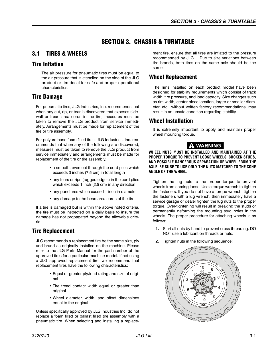 Section 3. chassis & turntable, 1 tires & wheels, Tire inflation | Tire damage, Tire replacement, Wheel replacement, Wheel installation, Section 3 - chassis & turntable, Tires & wheels -1, 1 tires & wheels tire inflation | JLG 800A_AJ ANSI Service Manual User Manual | Page 57 / 464