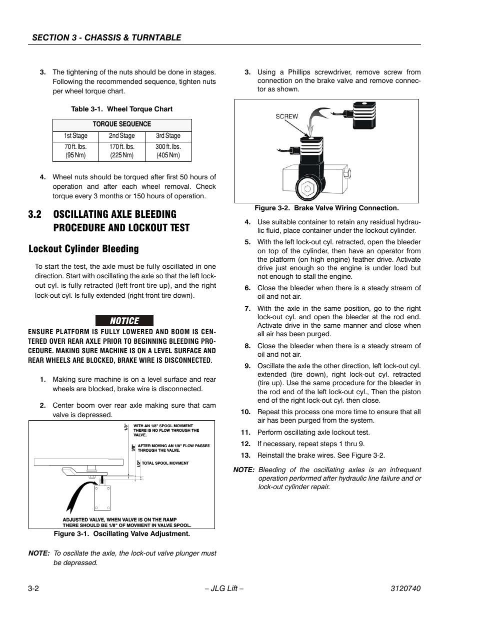 Lockout cylinder bleeding, Lockout cylinder bleeding -2, Oscillating valve adjustment -2 | Brake valve wiring connection -2, Wheel torque chart -2 | JLG 800A_AJ ANSI Service Manual User Manual | Page 58 / 464