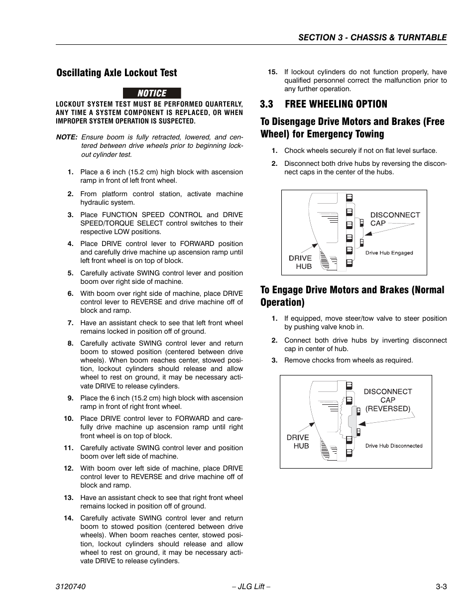 Oscillating axle lockout test, 3 free wheeling option, Oscillating axle lockout test -3 | Free wheeling option -3 | JLG 800A_AJ ANSI Service Manual User Manual | Page 59 / 464