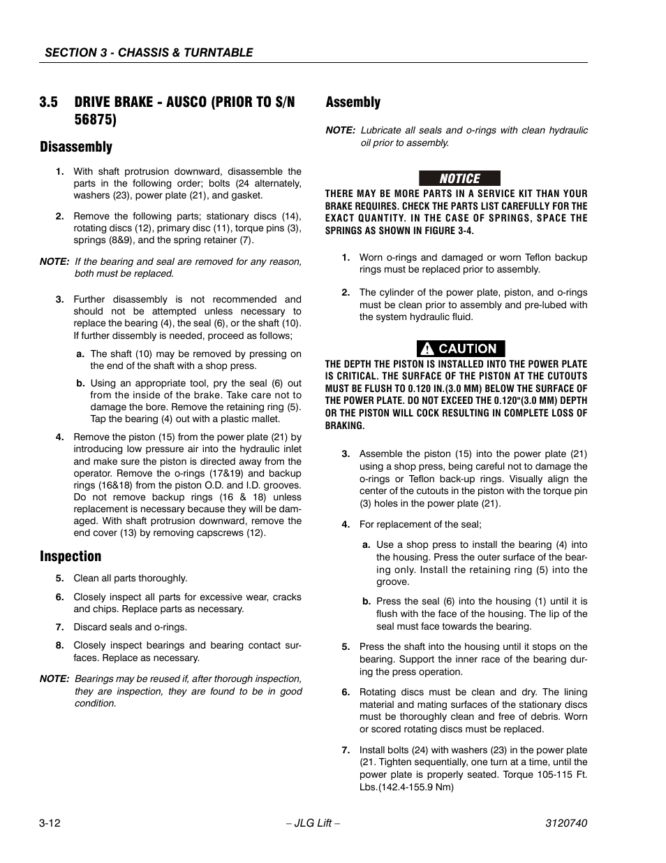 5 drive brake - ausco (prior to s/n 56875), Disassembly, Inspection | Assembly, Drive brake - ausco (prior to s/n 56875) -12, Disassembly -12 inspection -12 assembly -12 | JLG 800A_AJ ANSI Service Manual User Manual | Page 68 / 464