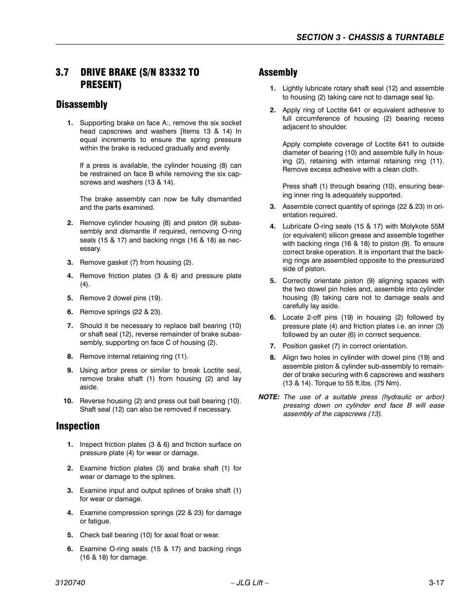 7 drive brake (s/n 83332 to present), Disassembly, Inspection | Assembly, Drive brake (s/n 83332 to present) -17, Disassembly -17 inspection -17 assembly -17 | JLG 800A_AJ ANSI Service Manual User Manual | Page 73 / 464