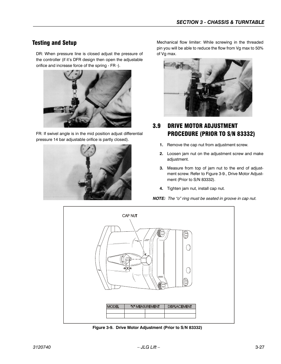 Testing and setup, Testing and setup -27, Drive motor adjustment (prior to s/n 83332) -27 | JLG 800A_AJ ANSI Service Manual User Manual | Page 83 / 464