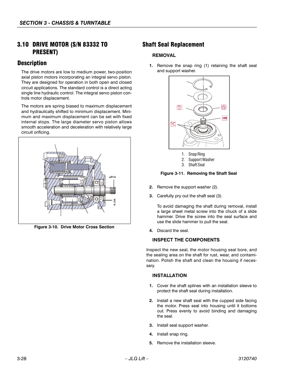 10 drive motor (s/n 83332 to present), Description, Shaft seal replacement | Drive motor (s/n 83332 to present) -28, Description -28 shaft seal replacement -28, Drive motor cross section -28, Removing the shaft seal -28 | JLG 800A_AJ ANSI Service Manual User Manual | Page 84 / 464