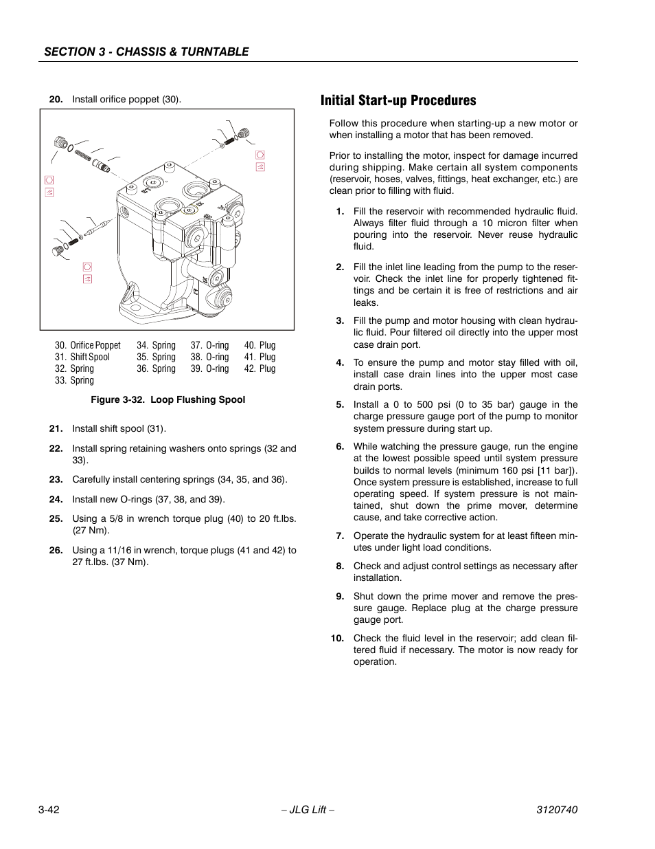 Initial start-up procedures, Initial start-up procedures -42, Loop flushing spool -42 | JLG 800A_AJ ANSI Service Manual User Manual | Page 98 / 464