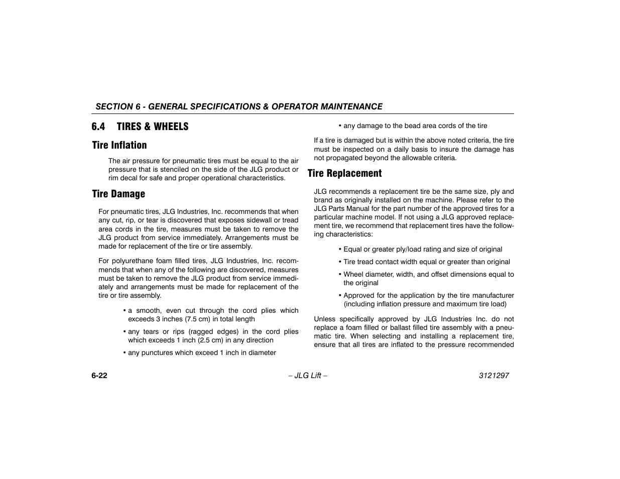 4 tires & wheels, Tire inflation, Tire damage | Tire replacement, 4 tires & wheels -22, Tire inflation -22 tire damage -22, Tire replacement -22, 4 tires & wheels tire inflation | JLG 660SJ Operator Manual User Manual | Page 108 / 118