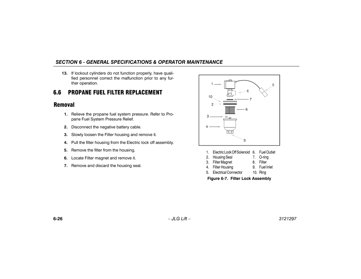 6 propane fuel filter replacement, Removal, 6 propane fuel filter replacement -26 | Removal -26, Filter lock assembly -26, 6 propane fuel filter replacement removal | JLG 660SJ Operator Manual User Manual | Page 112 / 118