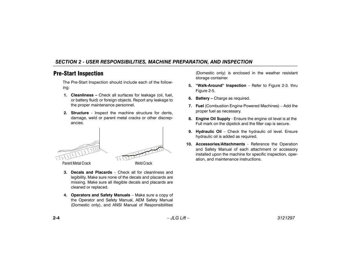 Pre-start inspection, Pre-start inspection -4 | JLG 660SJ Operator Manual User Manual | Page 24 / 118