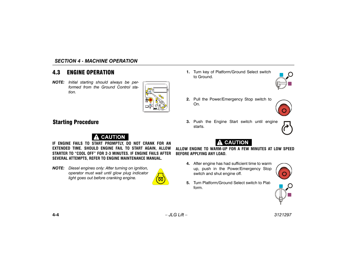 3 engine operation, Starting procedure, 3 engine operation -4 | Starting procedure -4 | JLG 660SJ Operator Manual User Manual | Page 58 / 118