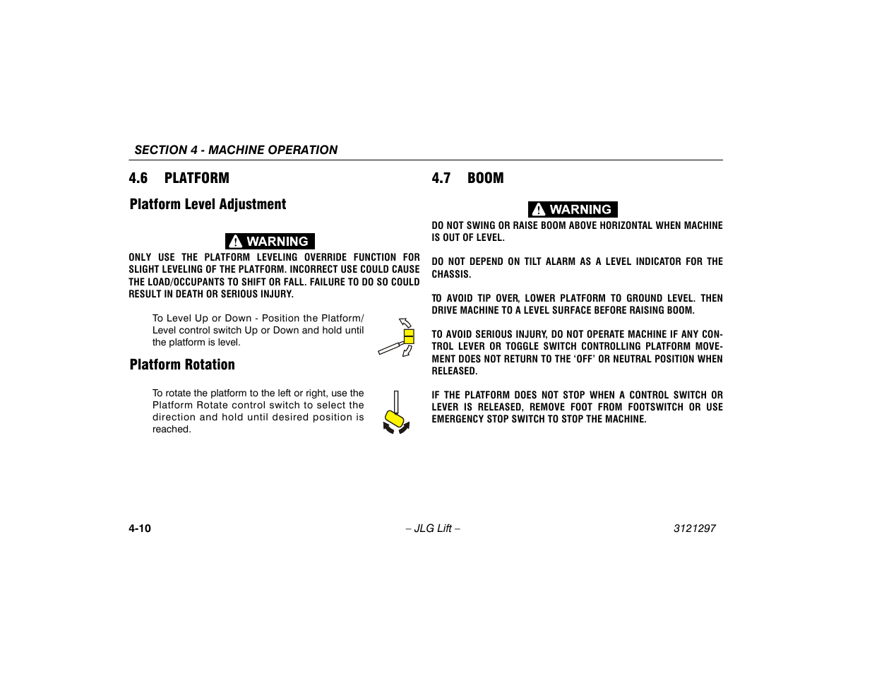 6 platform, Platform level adjustment, Platform rotation | 7 boom, 6 platform -10, 7 boom -10 | JLG 660SJ Operator Manual User Manual | Page 64 / 118