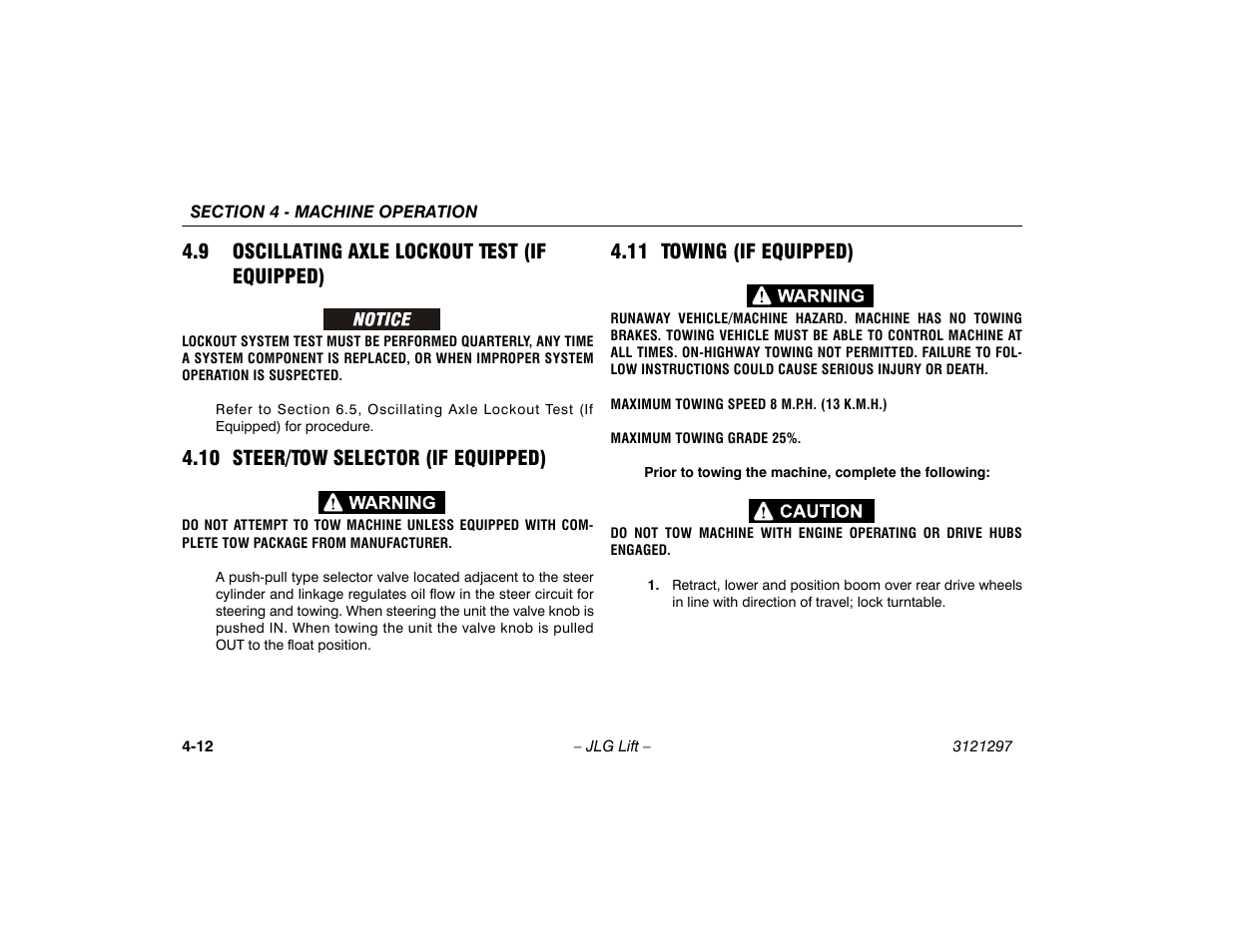 9 oscillating axle lockout test (if equipped), 10 steer/tow selector (if equipped), 11 towing (if equipped) | 9 oscillating axle lockout test, If equipped) -12 | JLG 660SJ Operator Manual User Manual | Page 66 / 118