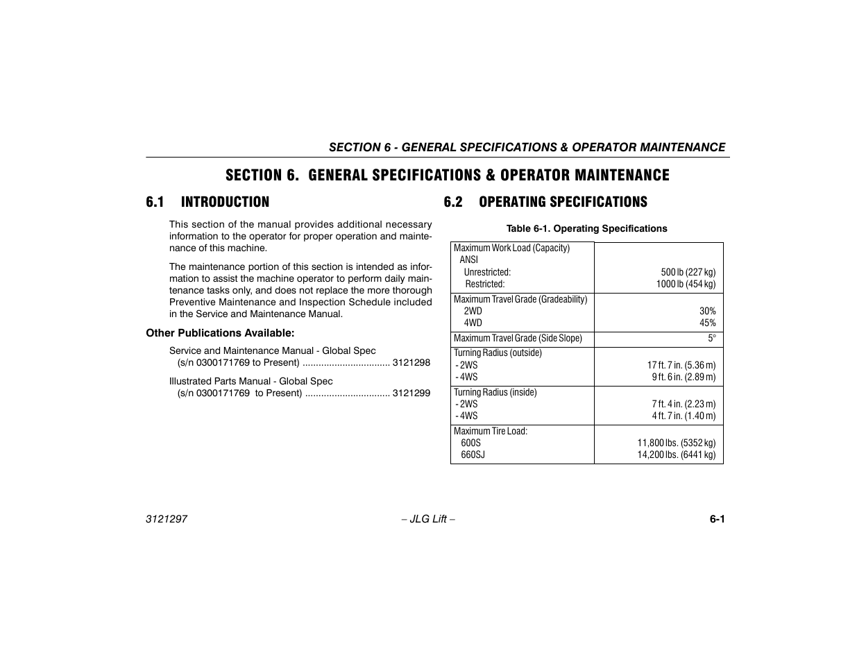 1 introduction, 2 operating specifications, 1 introduction -1 6.2 operating specifications -1 | Operating specifications -1 | JLG 660SJ Operator Manual User Manual | Page 87 / 118