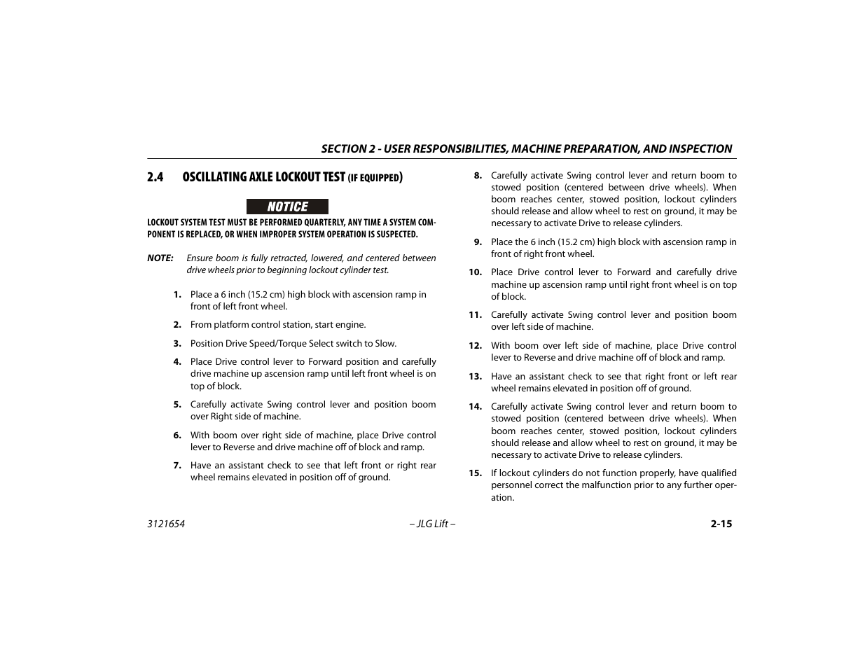 4 oscillating axle lockout test (if equipped), Oscillating axle lockout test (if equipped) -15, 4 oscillating axle lockout test | JLG 740AJ Operator Manual User Manual | Page 41 / 130