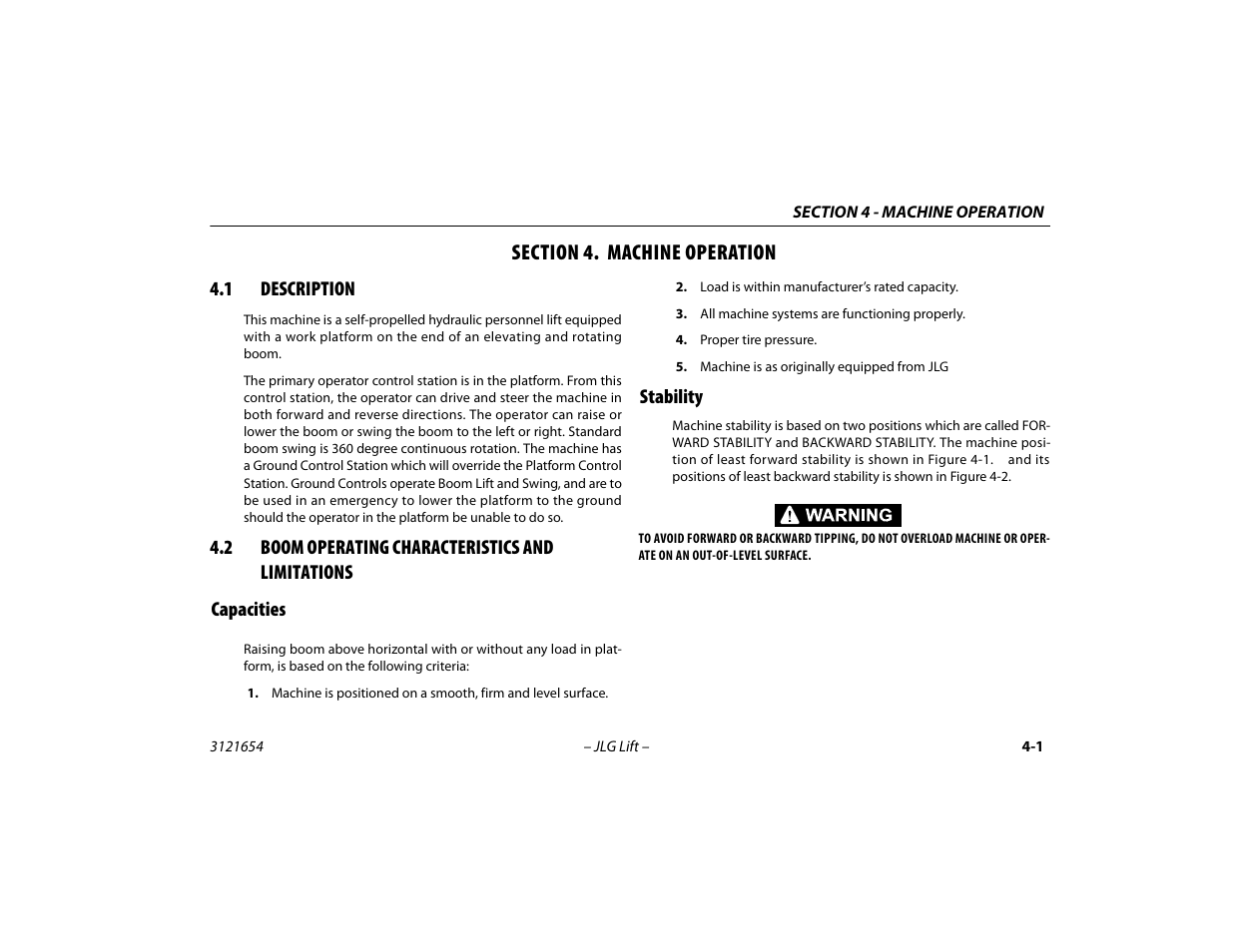Section 4. machine operation, 1 description, 2 boom operating characteristics and limitations | Capacities, Stability, Section - 4 - machine operation, Description -1, Boom operating characteristics and, Limitations -1, Capacities -1 stability -1 | JLG 740AJ Operator Manual User Manual | Page 67 / 130