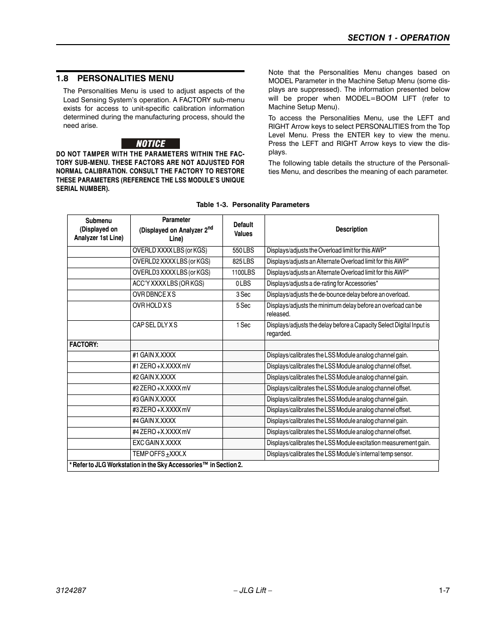 8 personalities menu, Table 1-3. personality parameters, Personalities menu -7 | Personality parameters -7 | JLG LSS Boom User Manual | Page 17 / 68