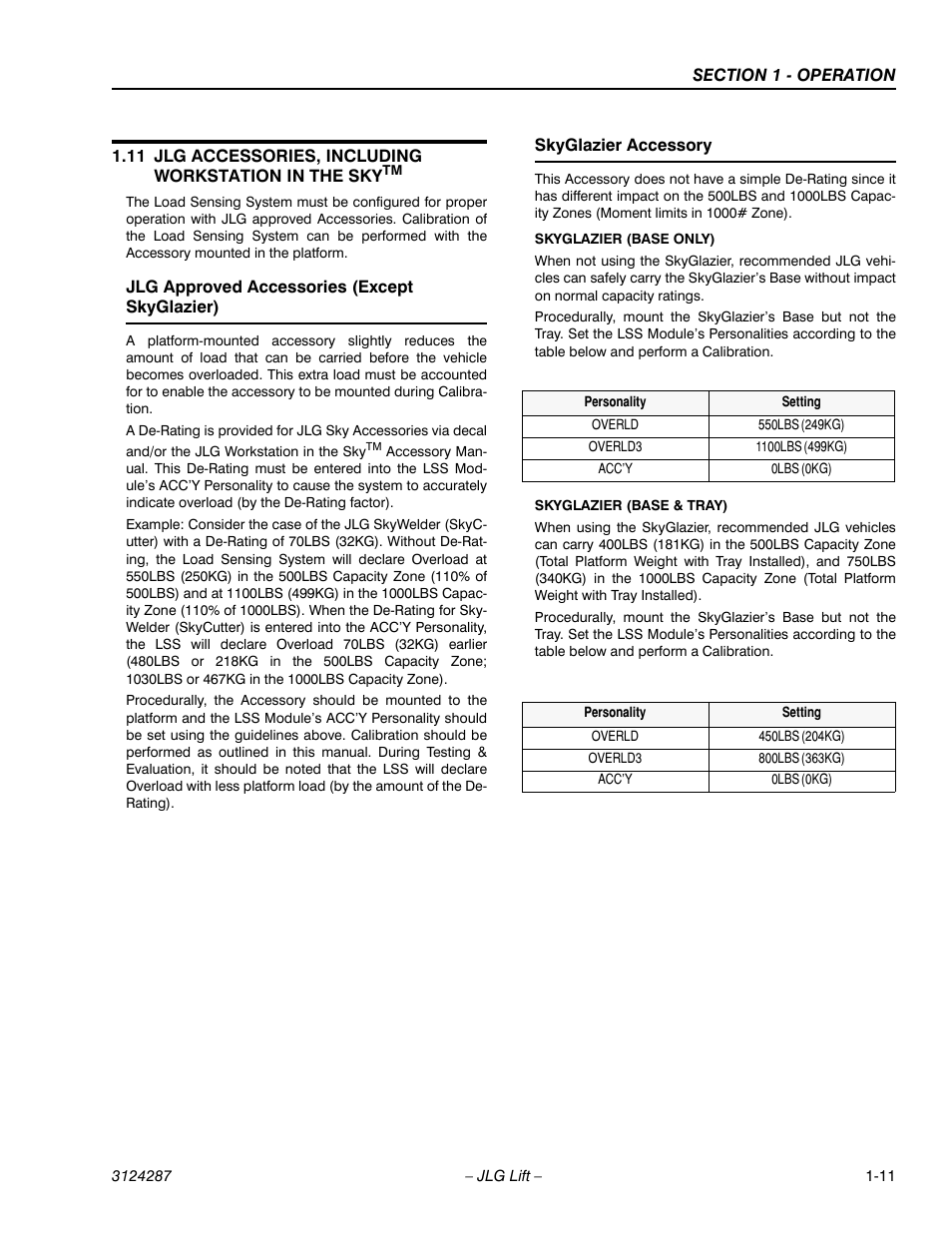 Jlg approved accessories (except skyglazier), Skyglazier accessory | JLG LSS Boom User Manual | Page 21 / 68