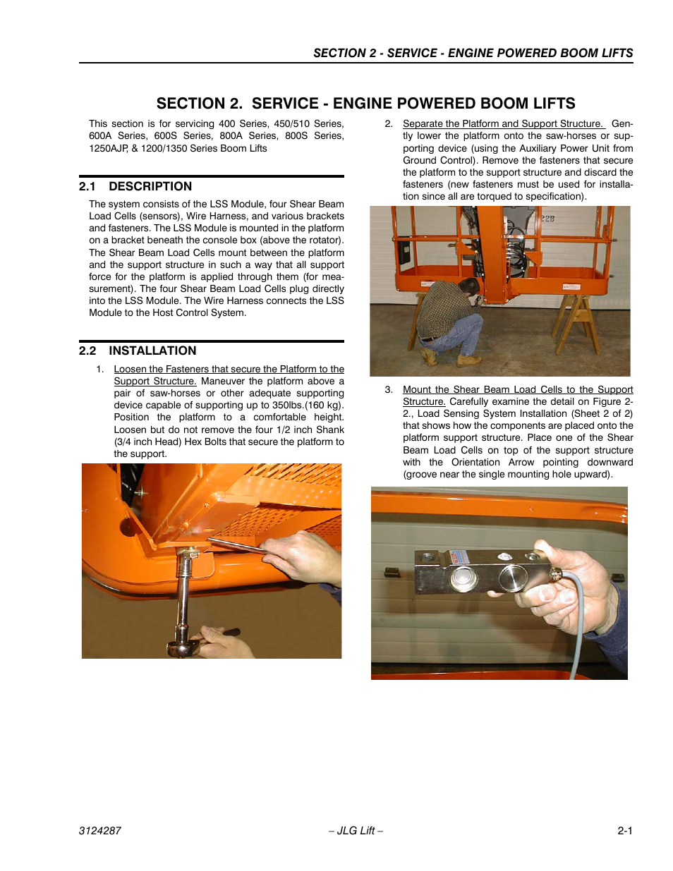 Section 2. service - engine powered boom lifts, 1 description, 2 installation | Section 2 - service - engine powered boom lifts, Description -1, Installation -1 | JLG LSS Boom User Manual | Page 23 / 68