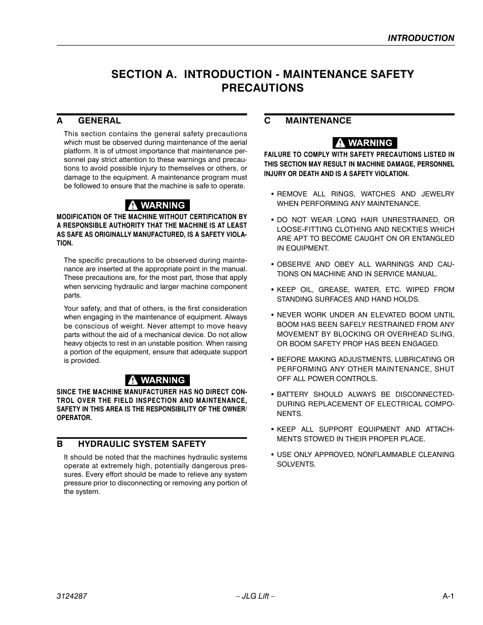 A general, B hydraulic system safety, C maintenance | JLG LSS Boom User Manual | Page 3 / 68