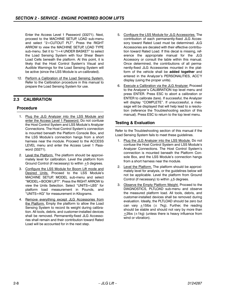 3 calibration, Procedure, Testing & evaluation | Calibration -8, Procedure -8 testing & evaluation -8 | JLG LSS Boom User Manual | Page 30 / 68