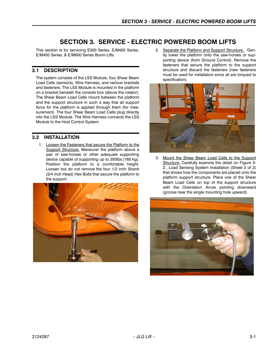 Section 3. service - electric powered boom lifts, 1 description, 2 installation | Section 3 - service - electric powered boom lifts, Description -1, Installation -1 | JLG LSS Boom User Manual | Page 41 / 68