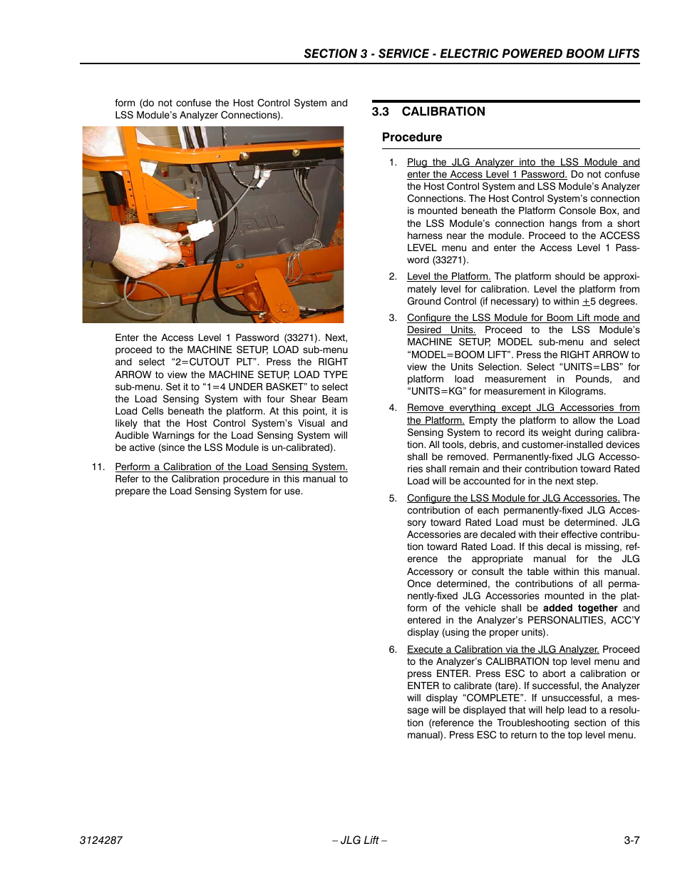 3 calibration, Procedure, Calibration -7 | Procedure -7 | JLG LSS Boom User Manual | Page 47 / 68