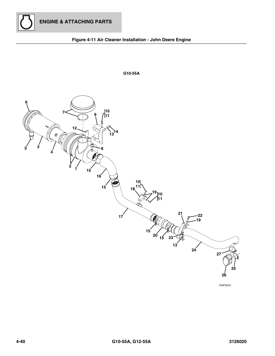 Air cleaner installation - john deere engine -40, See figure 4-11 for details) | JLG G12-55A Parts Manual User Manual | Page 188 / 728